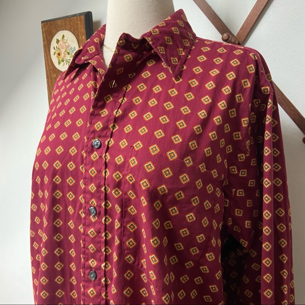 Vintage Burgundy Patterned Button Down Shirt Medi… - image 2